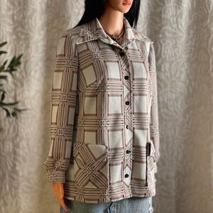 Vintage 70s London Lass Cream Brown Plaid Lightweight Jacket Retro Disco Size XL